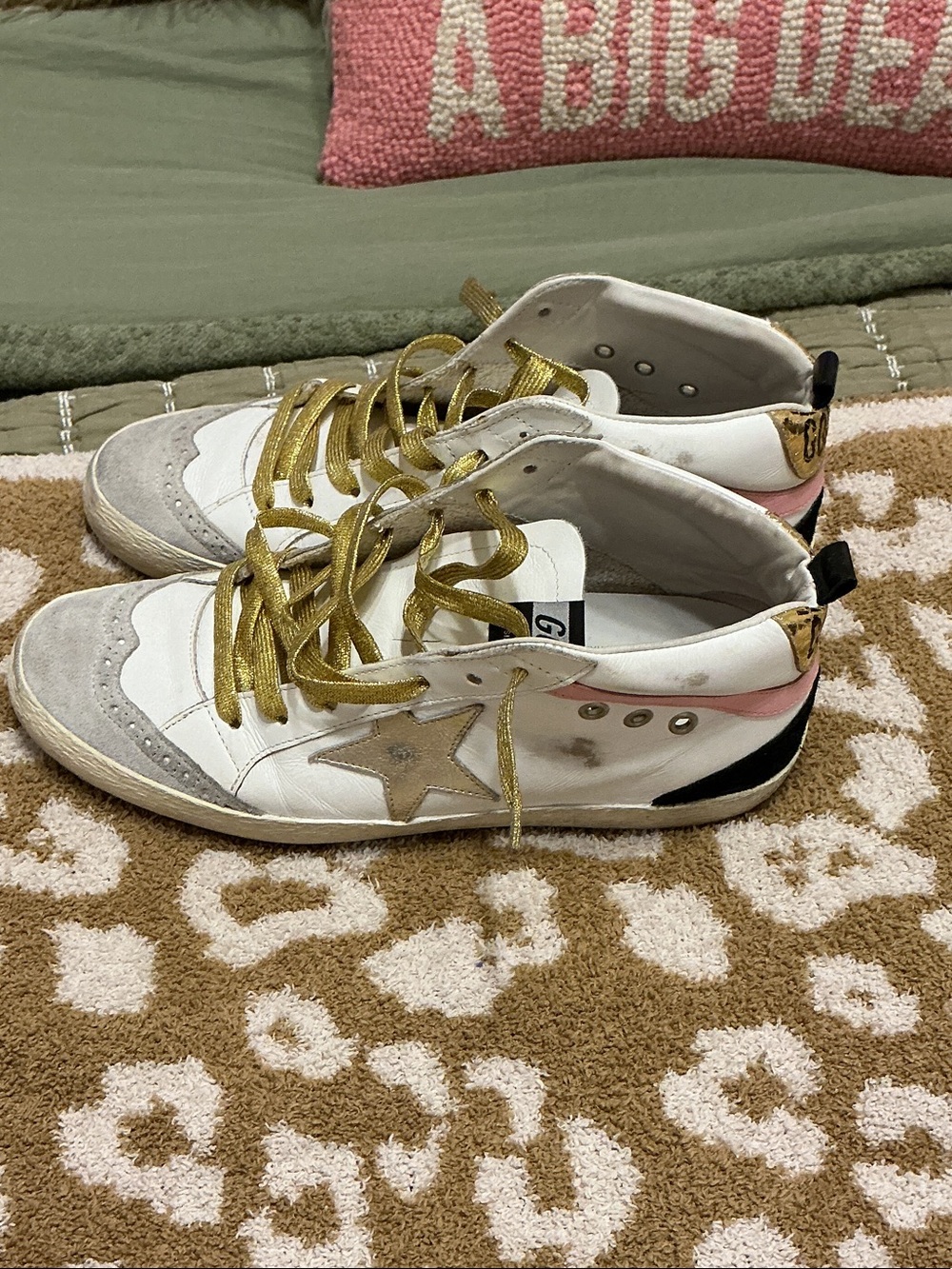 Golden Goose White Sneakers with Gold Laces and Pink Heel Accent